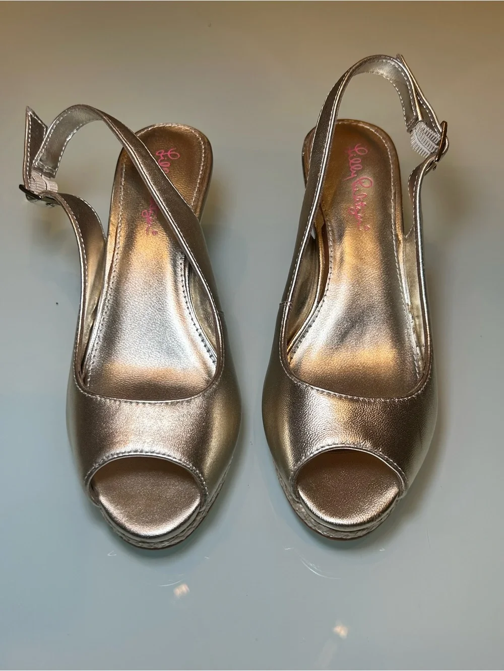 Lilly Pulitzer Krisie Wedge Metallic Gold Peep Toe Resort Rafia Cork Sling Back